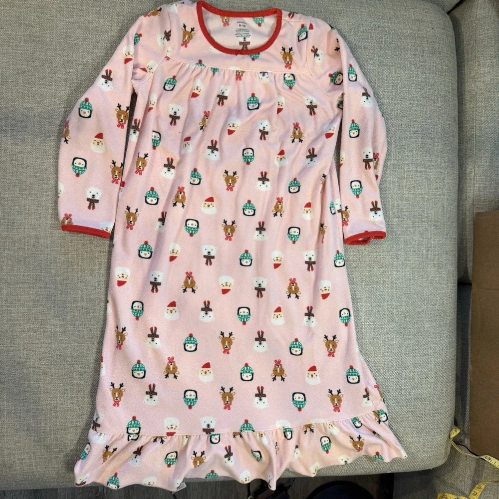 Carter's Girls Holiday Fleece Nightgown Pajamas Pink Reindeer Size 8-10